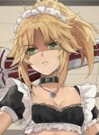  1girl alternate_costume bangs blonde_hair braid breasts clarent_(fate) cleavage collar crop_top enmaided fate/apocrypha fate_(series) french_braid frills green_eyes hair_ornament hair_scrunchie jewelry long_hair looking_at_viewer maid maid_headdress mordred_(fate) mordred_(fate/apocrypha) necklace parted_bangs ponytail puffy_short_sleeves puffy_sleeves scrunchie shaded_face short_sleeves sidelocks small_breasts solo sword tonee weapon 
