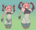  1boy 1girl :d abs absurdres armpits arms_up astolfo_(fate) black_legwear braid braided_ponytail bulge clenched_hands closed_mouth crop_top double_w dual_persona fang fate/apocrypha fate_(series) genderswap genderswap_(mtf) gradient gradient_background highres long_hair muscular muscular_female navel open_mouth otoko_no_ko panties pink_hair red_eyes signature simple_background skin_fang smile sweatdrop thighhighs underwear v-shaped_eyebrows very_long_hair w white_panties zhvo 