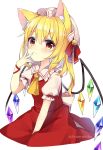  1girl absurdres animal_ears arm_ribbon artist_name bangs bell blonde_hair bow cat_ears closed_mouth collar crystal dress eyebrows_visible_through_hair flandre_scarlet hair_between_eyes hand_up hat hat_ribbon highres jewelry kemonomimi_mode mob_cap multicolored multicolored_wings one_side_up puffy_short_sleeves puffy_sleeves red_bow red_dress red_eyes red_ribbon ribbon ruhika shirt short_hair short_sleeves simple_background smile solo touhou twitter_username white_background white_bow white_headwear white_shirt wings yellow_neckwear 