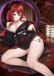  1girl absurdres alternate_costume arknights bare_legs bare_shoulders belt black_belt black_kimono breasts cleavage commentary_request foot_out_of_frame highres hongbaise_raw horns japanese_clothes kimono large_breasts long_sleeves looking_at_viewer off_shoulder partial_commentary purple_eyes red_hair short_kimono solo surtr_(arknights) thighs 