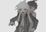  2boys :d collarbone commentary_request crazy_eyes danganronpa_(series) danganronpa_2:_goodbye_despair denri grey_background greyscale highres hinata_hajime holding_another jacket komaeda_nagito long_sleeves looking_at_viewer male_focus messy_hair monochrome multiple_boys open_clothes open_jacket open_mouth print_shirt shirt short_hair simple_background sketch smile upper_body 