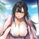  1girl bangs black_hair braid breasts cleavage green_eyes highres hitotsuba_kaede kakao_(chocolate_land) large_breasts looking_at_viewer ryoushin_no_shakkin second-party_source solo swimsuit 