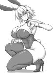  1girl ahoge animal_ears blush breasts cleavage detached_collar fake_animal_ears fake_tail fate/grand_order fate_(series) greyscale hair_between_eyes high_heels highres jeanne_d&#039;arc_(alter)_(fate) jeanne_d&#039;arc_(fate)_(all) kneeling large_breasts leotard monochrome nia_i playboy_bunny short_hair solo strapless strapless_leotard tail thighhighs thumbs_down wrist_cuffs 