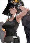 1girl absurdres adjusting_clothes adjusting_headwear armpits bangs bare_shoulders belt biceps black_gloves black_hair black_headwear black_pants black_tank_top breasts cleavage collarbone commentary_request en&#039;en_no_shouboutai gloves hat highres large_breasts long_hair looking_at_viewer maki_oze muscular muscular_female pants purple_eyes solo tank_top witch_hat yoshio_(55level) 