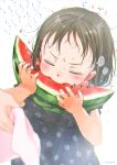  1girl 1other bangs black_dress black_hair blush closed_eyes commentary_request dress eating facing_viewer food forehead fruit gomennasai highres holding holding_towel original polka_dot polka_dot_dress solo_focus sweat towel translated v-shaped_eyebrows watermelon white_background 