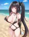  1girl architect_(girls&#039;_frontline) architect_(type_nvw)_(girls&#039;_frontline) bangs beach beruko14 black_gloves black_swimsuit blunt_bangs bottle breasts cleavage collarbone cowboy_shot elbow_gloves eyebrows_visible_through_hair fingerless_gloves girls&#039;_frontline gloves highres holding holding_bottle large_breasts long_hair looking_at_viewer navel nipples ocean one-piece_swimsuit open_mouth outdoors parted_lips purple_eyes side_ponytail smile solo standing swimsuit teeth thighs very_long_hair water water_bottle 