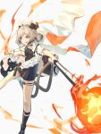  1girl :q arknights bangs black_footwear blonde_hair boots breasts canister choker cloak dress eyebrows_visible_through_hair fire flamethrower flat_chest foot_out_of_frame gas_tank gradient_hair grey_dress grey_hair hand_up highres holding holding_weapon horns ifrit_(arknights) infection_monitor_(arknights) leg_strap looking_at_viewer low_twintails multicolored_hair orange_eyes parted_bangs short_dress sidelocks solo striped striped_dress tail thigh_strap toeless_footwear tongue tongue_out twintails wagachop weapon white_background white_cloak 