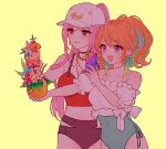  2girls alternate_costume alternate_hairstyle baseball_cap cellphone earrings feather_earrings feathers gradient_hair hair_through_headwear hat holding holding_phone hololive hololive_english jewelry mamaloni mori_calliope multicolored_hair multiple_girls orange_hair phone pink_hair ponytail purple_eyes red_eyes red_nails smartphone swimsuit takanashi_kiara taking_picture virtual_youtuber yuri 