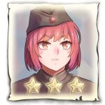  +_+ 1girl bangs brown_headwear closed_mouth company_of_heroes hair_between_eyes hat lowres military military_hat military_jacket military_uniform original red_eyes red_hair solo soviet soviet_army star_(symbol) thick_eyebrows uniform v-shaped_eyebrows world_war_ii zhainan_s-jun 