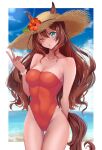  1girl animal_ears aqua_eyes beach blue_sky breasts brown_hair casual_one-piece_swimsuit chizoku_sawa cleavage cloud commentary_request covered_navel cowboy_shot day hat highleg highleg_swimsuit highres horizon horse_ears horse_girl horse_tail long_hair looking_at_viewer maruzensky_(umamusume) medium_breasts one-piece_swimsuit one_eye_closed outdoors red_swimsuit sky solo standing strapless strapless_swimsuit straw_hat sun_hat swimsuit tail thigh_gap umamusume wavy_hair 