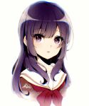  1girl bangs blush brown_shirt hibike!_euphonium highres himawari_himuka kitauji_high_school_uniform kousaka_reina long_hair looking_at_viewer neckerchief parted_lips purple_eyes purple_hair red_neckwear sailor_collar school_uniform serafuku shirt signature simple_background solo white_background white_sailor_collar 