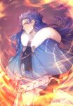 1boy abs belt blue_hair bracelet braid capelet cu_chulainn_(caster)_(fate) cu_chulainn_(fate) earrings english_commentary fate/grand_order fate_(series) fire floating_hair fur-trimmed_hood fur_trim grin holding holding_staff hood hood_down hooded_capelet jewelry long_hair looking_at_viewer male_focus multiple_earrings muscular muscular_male nikainfinity red_eyes skin_tight smile solo staff wooden_staff 