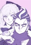  1boy 1girl animal_on_head bangs blush bow commentary danganronpa_(series) danganronpa_2:_goodbye_despair eyebrows_visible_through_hair frown hair_bow hat highres long_hair looking_at_viewer maga-g monochrome multicolored_hair on_head purple_theme scarf shirt short_hair simple_background sketch smile sonia_nevermind tanaka_gandamu umsotasty upper_body 