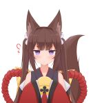  1girl absurdres amagi-chan_(azur_lane) animal_ears azur_lane ball bangs blunt_bangs blush brown_hair commentary eyebrows_visible_through_hair eyeshadow flying_sweatdrops fox_ears fox_girl fox_tail highres holding holding_ball kitsune long_hair long_sleeves looking_at_viewer makeup off-shoulder_kimono off_shoulder purple_eyes rope shasha_(shasha159357) shimenawa sidelocks simple_background solo tail thick_eyebrows twintails white_background wide_sleeves 