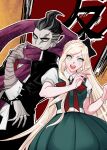  1boy 1girl :d bandaged_arm bandages bangs belt black_bow black_hair black_jacket blonde_hair bow bracelet braid breasts cowboy_shot danganronpa_(series) danganronpa_2:_goodbye_despair dress eyebrows_visible_through_hair gem green_dress grey_hair grin hair_bow hand_up hands_up highres jacket jewelry large_breasts long_hair open_clothes open_jacket open_mouth orange_background pink_scarf puffy_short_sleeves puffy_sleeves red_background red_bow ring scarf shiny shiny_hair short_hair short_sleeves smile sonia_nevermind tanaka_gandamu teeth umsotasty upper_teeth white_belt 