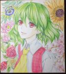  1girl ascot bad_id bad_pixiv_id cherry_blossoms collared_shirt dated eyebrows_visible_through_hair flower green_hair hair_between_eyes kazami_yuuka long_sleeves looking_at_viewer passion_flower photo_(medium) plaid plaid_vest red_eyes red_vest rose sen_hisame shirt short_hair signature smile solo sunflower touhou traditional_media upper_body vest white_background white_shirt yellow_neckwear 