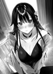  1girl absurdres bangs bare_shoulders blush breasts choker cleavage commentary_request greyscale highres hitotsuba_kaede kakao_(chocolate_land) large_breasts looking_at_viewer monochrome ryoushin_no_shakkin second-party_source solo 