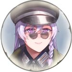  1girl bangs border braid closed_mouth company_of_heroes german_army hair_between_eyes hat long_hair lowres military military_hat military_jacket military_uniform original portrait purple_eyes purple_hair smile solo uniform world_war_ii zhainan_s-jun 