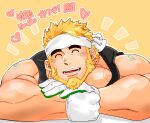  1boy ^_^ andrew_(live_a_hero) bara beard black_tank_top blonde_hair closed_eyes facial_hair gloves headband highres kizami_nori_to_yamaimo large_pectorals live_a_hero male_focus mature_male muscular muscular_male pectorals short_hair sidepec solo tank_top thick_eyebrows translated upper_body white_gloves 