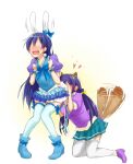  2girls animal_ears blue_hair blush heart kemonomimi_mode kneeling long_hair love_live! love_live!_school_idol_project multiple_girls no_eyes open_mouth purple_hair rabbit_ears rabbit_girl rabbit_tail raccoon_ears raccoon_girl raccoon_tail sakura_ai_ke sonoda_umi standing tail tail_wagging toujou_nozomi yuri 