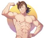  1boy ;3 abs armpits bara biceps brown_hair completely_nude fire_emblem fire_emblem_fates flexing groin hinata_(fire_emblem) large_pectorals long_sideburns male_focus muscular muscular_male navel nipples nude one_eye_closed pectorals pose scar scar_on_arm scar_on_cheek scar_on_face short_hair sideburns smile solo stomach zink_(zink_mchn) 