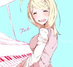  1girl :d ahoge akamatsu_kaede bangs beamed_eighth_notes blonde_hair closed_eyes commentary_request danganronpa_(series) danganronpa_v3:_killing_harmony eighth_note facing_viewer from_side hair_ornament instrument jian_jing long_hair music musical_note musical_note_hair_ornament open_mouth piano playing_instrument playing_piano quarter_note shirt simple_background smile solo sweater_vest upper_body 