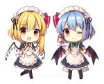  2girls apron artist_name bangs bat_wings black_bow black_footwear black_legwear blonde_hair blue_dress blue_hair blush bow chibi closed_mouth cocktail cocktail_glass collar commentary_request crystal cup dress drinking_glass eyebrows_visible_through_hair flandre_scarlet flower food fruit green_bow green_neckwear hair_between_eyes hand_on_hip hand_up hands_up hat hat_ribbon heart heart_print highres jewelry leg_up looking_at_viewer maid maid_headdress multicolored multicolored_wings multiple_girls one_eye_closed one_side_up open_mouth pink_flower puffy_short_sleeves puffy_sleeves red_eyes red_ribbon remilia_scarlet ribbon ruhika shoes short_hair short_sleeves simple_background smile standing standing_on_one_leg strawberry thighhighs touhou tray twitter_username white_apron white_background white_bow wings wrist_cuffs yellow_bow yellow_neckwear 