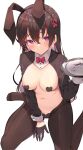  1girl absurdres animal_ears between_legs black_gloves black_hair bow bowtie breasts brown_legwear commission drugs fake_animal_ears gloves hairband half_gloves heart_pasties highres holding holding_tray jun_(aousa0328) long_hair long_sleeves looking_at_viewer medium_breasts meme_attire multicolored_hair navel no_shoes original pantyhose pasties pill pink_eyes rabbit_ears reverse_bunnysuit reverse_outfit shrug_(clothing) simple_background sitting skeb_commission smile solo stomach streaked_hair syringe tray wariza white_background wing_collar 