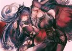  2girls absurdly_long_hair aegir_(azur_lane) apraxia august_von_parseval_(azur_lane) azur_lane bare_shoulders black_cape black_legwear black_skirt bodystocking breast_curtains breasts cape clothing_cutout cross-laced_clothes curled_horns demon_horns finger_to_mouth horns iron_cross large_breasts long_hair looking_at_viewer mechanical_horns multicolored_hair multiple_girls purple_eyes purple_hair red_hair simple_background skirt streaked_hair thighhighs two-tone_hair underboob_cutout underbust very_long_hair white_hair yellow_eyes 