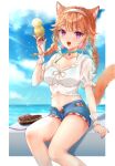  1girl :d absurdres animal_ear_fluff animal_ears blue_shorts braid breasts cat_ears choker cloud collarbone emile food frilled_shirt frills green_choker highres holding holding_food hololive hololive_english ice_cream kebaboishii kemonomimi_mode medium_breasts ocean open_clothes open_mouth open_shorts purple_eyes shirt shorts sitting sky smile solo takanashi_kiara twin_braids virtual_youtuber white_shirt 