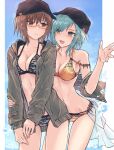  2girls :d bang_dream! bangs bare_legs bare_shoulders baseball_cap bikini bikini_under_clothes black_headwear blush border breasts brown_eyes brown_hair camouflage camouflage_bikini cleavage closed_mouth commentary_request cowboy_shot day furukawa_wanosuke glasses green_eyes green_hair halterneck hand_on_another&#039;s_arm hat highres hikawa_hina hood hoodie looking_at_another medium_breasts multiple_girls navel off_shoulder open_clothes open_hoodie open_mouth orange-framed_eyewear orange_bikini outdoors sarong semi-rimless_eyewear short_hair sidelocks sky smile standing stomach sweat swept_bangs swimsuit under-rim_eyewear water white_border yamato_maya yuri 