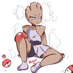  bare_arms blue_eyes blush boxing_gloves closed_mouth commentary full_body gen_1_pokemon hitmonchan looking_away looking_to_the_side poke_ball poke_ball_(basic) pokemon pokemon_(creature) purple_footwear shoes sitting sleeveless solo spread_legs steam sweat white_background yummimayo 