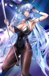  1girl a-by absurdres animal_ears arm_strap azur_lane bare_shoulders black_leotard blue_eyes bodystocking breasts cleavage covered_navel detached_collar fake_animal_ears highleg highleg_leotard highres huge_breasts leg_up leotard long_hair looking_at_viewer new_jersey_(azur_lane) new_jersey_(exhilarating_steps!)_(azur_lane) official_alternate_costume oversized_breast_cup playboy_bunny pole pole_dancing rabbit_ears see-through solo stage_lights strapless strapless_leotard stripper_pole very_long_hair wrist_cuffs 