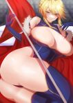  1girl absurdres artoria_pendragon_(fate) artoria_pendragon_(lancer)_(fate) ass bare_shoulders blonde_hair blue_gloves blue_legwear blue_leotard braid breasts cape cleavage cleavage_cutout clothing_cutout elbow_gloves fate/grand_order fate_(series) french_braid fur-trimmed_cape fur_trim gloves green_eyes hair_between_eyes highleg highleg_leotard highres jikuyuki_(ysesst96262) large_breasts leotard long_hair looking_at_viewer pole red_cape sidelocks smile solo thick_thighs thighhighs thighs 