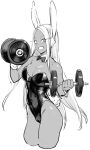  1girl animal_ears bare_shoulders boku_no_hero_academia bow bowtie commentary_request cowboy_shot detached_collar dumbbell greyscale highres holding leotard long_hair looking_at_viewer mirko monochrome playboy_bunny prime rabbit_ears rabbit_girl rabbit_tail sleeveless solo strapless strapless_leotard tail teeth very_long_hair wrist_cuffs 