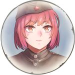  +_+ 1girl bangs border brown_headwear closed_mouth company_of_heroes hair_between_eyes hat lowres military military_hat military_jacket military_uniform original red_eyes red_hair solo soviet soviet_army star_(symbol) thick_eyebrows uniform v-shaped_eyebrows world_war_ii zhainan_s-jun 