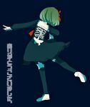  1girl black_background black_legwear danganronpa_(series) danganronpa_another_episode:_ultra_despair_girls dress frills from_behind full_body green_eyes green_hair hairband kashima_(xxkaziko) long_sleeves outstretched_arm pantyhose red_hairband ribbon shoes short_hair simple_background skull_print solo standing standing_on_one_leg thighhighs towa_monaka translation_request 