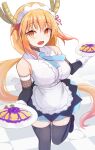  1girl apron blonde_hair blue_neckwear blush bridal_gauntlets colored_tips dragon_girl dragon_horns eyebrows_visible_through_hair fang floating_hair food gloves highres holding holding_food holding_plate horns kobayashi-san_chi_no_maidragon long_hair looking_at_viewer low-tied_long_hair maid maid_apron maid_headdress multicolored_hair necktie okosan_(pixiv) omelet open_mouth orange_eyes orange_hair plate short_necktie sleeveless slit_pupils smile solo standing standing_on_one_leg thighhighs tohru_(maidragon) two-tone_hair very_long_hair white_gloves zettai_ryouiki 