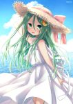  1girl blush cloud cloudy_sky commission crescent crescent_hair_ornament day dress eyebrows_visible_through_hair feet_out_of_frame green_eyes green_hair hair_ornament hat highres kantai_collection long_hair looking_at_viewer nagasioo nagatsuki_(kancolle) open_mouth skeb_commission sky sleeveless sleeveless_dress smile solo sun_hat sundress twitter_username white_dress 