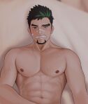  1boy abs bandaid bandaid_on_cheek bandaid_on_nose bara black_hair blush clenched_teeth dark-skinned_male dark_skin dido_(dido_200207) facial_hair goatee green_hair highres kyoichi_(live_a_hero) large_pectorals live_a_hero long_sideburns lying male_focus male_masturbation masturbation mature_male multicolored_hair muscular muscular_male nipples on_back on_bed out-of-frame_censoring pectorals short_hair sideburns solo stomach streaked_hair sweat teeth 