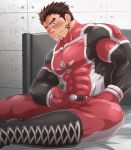  1boy akashi_(live_a_hero) bara blush bodysuit bulge covered_abs erection erection_under_clothes facial_hair goatee large_pectorals live_a_hero long_sideburns male_focus male_masturbation masturbation mature_male muscular muscular_male pectorals red_bodysuit red_eyes red_hair short_hair sideburns sitting skin_tight solo spread_legs sunfight0201 thick_eyebrows 