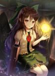  1girl :o absurdres arm_cannon bangs bird_wings black_wings blurry blurry_background blush breasts brown_hair commentary_request energy_ball eyebrows_visible_through_hair feathered_wings feet_out_of_frame frills green_skirt hair_between_eyes highres indoors long_hair looking_at_viewer nerkia parted_lips petticoat puffy_short_sleeves puffy_sleeves red_eyes reiuji_utsuho shirt short_sleeves sitting skirt small_breasts solo third_eye touhou very_long_hair weapon white_shirt wing_collar wings 