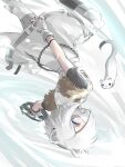  1girl animal_ears arknights bangs blue_eyes feet_out_of_frame fingerless_gloves gloves highres mask mouth_mask official_alternate_costume pantyhose shirayuki_(arknights) shirayuki_(wind_of_breaking_blade)_(arknights) short_hair silver_hair solo stoat stoat_ears stoat_girl upside-down wagachop white_background white_gloves white_legwear 