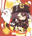  1girl :d ;p bangs black_shorts brown_hair chibi chinese_clothes commentary_request eyebrows_visible_through_hair flower genshin_impact ghost ghost_pose hair_between_eyes hat hat_flower hat_ornament highres hu_tao_(genshin_impact) kneehighs long_hair long_sleeves looking_at_viewer mochimochi_kinako. one_eye_closed open_mouth red_eyes shorts sidelocks smile solo symbol-shaped_pupils tongue tongue_out twintails white_legwear 