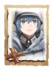  1girl bangs blue_eyes camouflage camouflage_jacket closed_mouth company_of_heroes german_army green_eyes hair_between_eyes hat helmet jacket military military_hat military_jacket military_uniform original portrait short_hair solo uniform world_war_ii zhainan_s-jun 