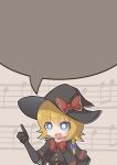  1girl absurdres bangs black_capelet black_gloves black_headwear black_vest blank_speech_bubble blonde_hair blue_eyes blush bow bowtie braid bright_pupils buttons capelet commentary_request cookie_(touhou) elbow_gloves eyebrows_visible_through_hair gloves hair_between_eyes hat hat_bow highres kirisame_marisa kitsune_kemono medium_hair meguru_(cookie) musical_note open_mouth purple_bow red_bow red_neckwear shirt side_braid single_braid solo speech_bubble staff_(music) template touhou upper_body vest white_pupils white_shirt witch_hat 