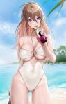  1girl atelier_live beach bikini_tan blue_eyes blue_sky breasts brown_hair cleavage cloud cup drinking_straw expulse holding holding_cup large_breasts long_hair nanatsuki_nana o-ring o-ring_swimsuit ocean palm_tree sky swimsuit tan tanlines tree underboob virtual_youtuber white_swimsuit 