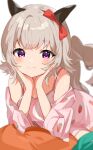  1girl animal_ears bare_shoulders blush bow closed_mouth commentary curren_chan_(umamusume) ear_bow fingernails grey_hair hands_up head_rest highres horse_ears inuyama_nanami long_sleeves looking_at_viewer pajamas pink_pajamas purple_eyes red_bow simple_background smile solo tail umamusume white_background 