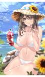  1girl bikini breasts brown_hair cleavage collarbone drinking_straw earrings emblem flower food fruit girls_und_panzer grey_eyes halterneck hat highres jewelry keizoku_(emblem) large_breasts long_hair looking_at_viewer mexif mika_(girls_und_panzer) navel necklace ocean parfait revision rock sitting smile straw_hat strawberry sun_hat sunflower swimsuit white_bikini 