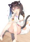  1girl :o animal_ear_fluff animal_ears bangs barefoot black_hair blush braid brown_eyes brown_shorts cat_ears cat_girl cat_tail commentary_request eyebrows_visible_through_hair fang food hair_between_eyes hair_bobbles hair_ornament head_tilt holding holding_plate holding_spoon knees_together_feet_apart knees_up long_hair long_sleeves looking_at_viewer multicolored_hair open_mouth original panties panties_under_shorts panty_peek pillow plate pudding shirt short_shorts shorts single_braid sitting solo spoon suspender_shorts suspenders suspenders_slip tail two-tone_hair underwear white_background white_hair white_panties white_shirt wooden_floor yuizaki_kazuya 